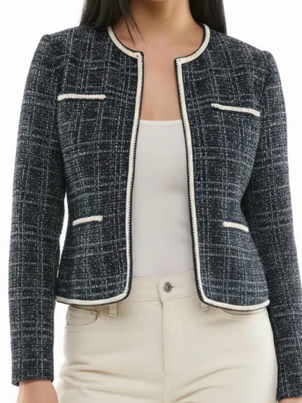 Nanette Navy Tweed Collarless Jacket Cream Braided Trim Size S